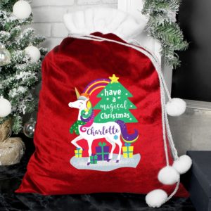 Personalised 'Christmas Unicorn' Luxury Pom Pom Red Sack
