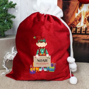 Personalised 'Christmas Elf' Luxury Pom Pom Red Sack
