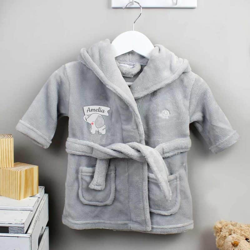 Personalised Elephant Grey Hooded Baby Dressing Gown