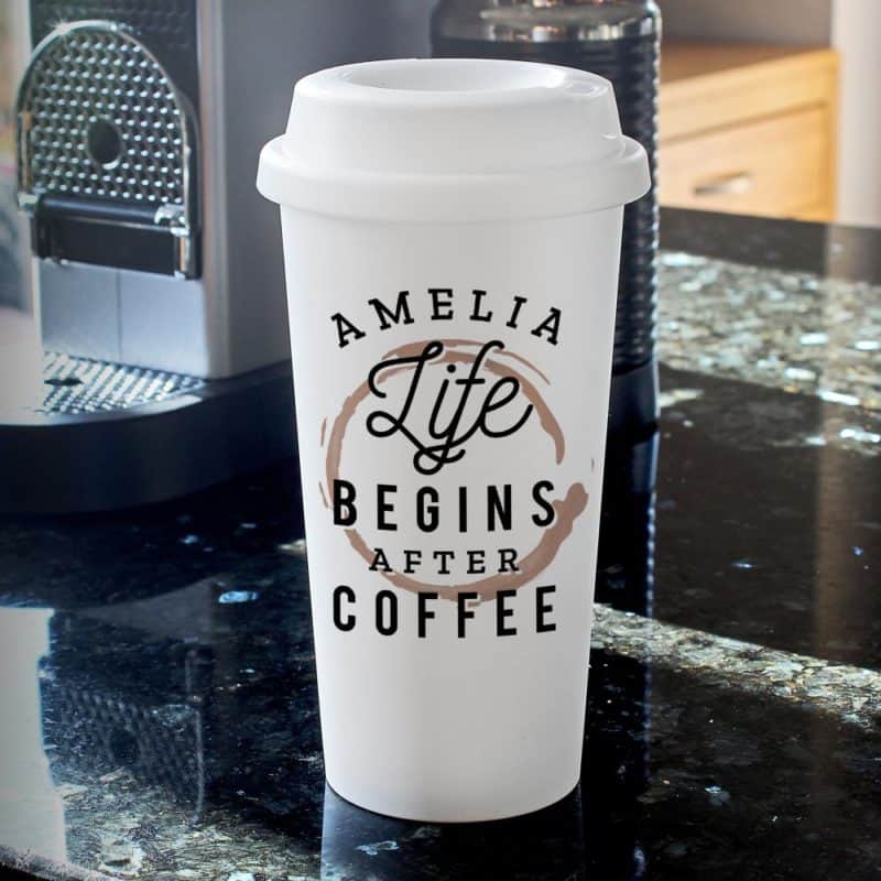 Personalised 'Life Begins After Coffee' Double Walled Travel Mug