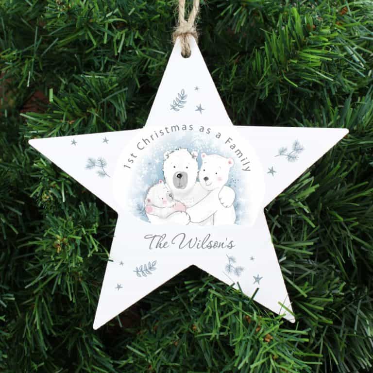 Personalised 1st Family Christmas Wooden Star Tree Decoration