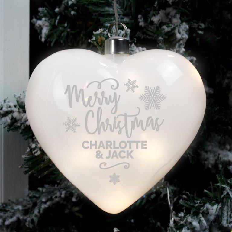 Personalised Merry Christmas LED Hanging Glass Heart Decoration