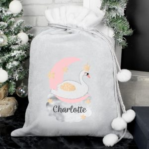 Personalised 'Swan Lake' Luxury Silver Grey Pom Pom Sack