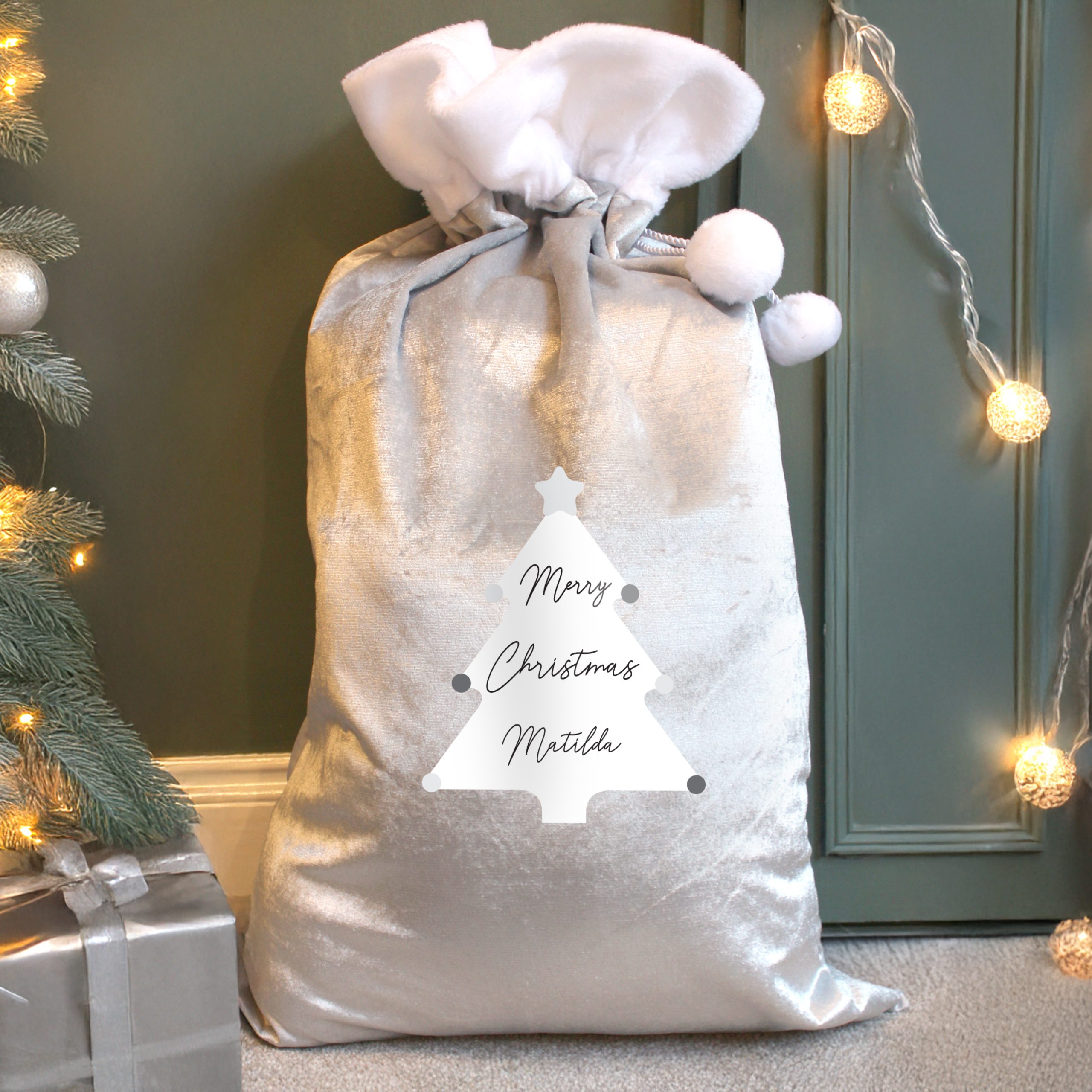 Personalised Christmas Tree Luxury Silver Grey Pom Pom Sack Personalised Christmas Tree Luxury Silver Grey Pom Pom Sack