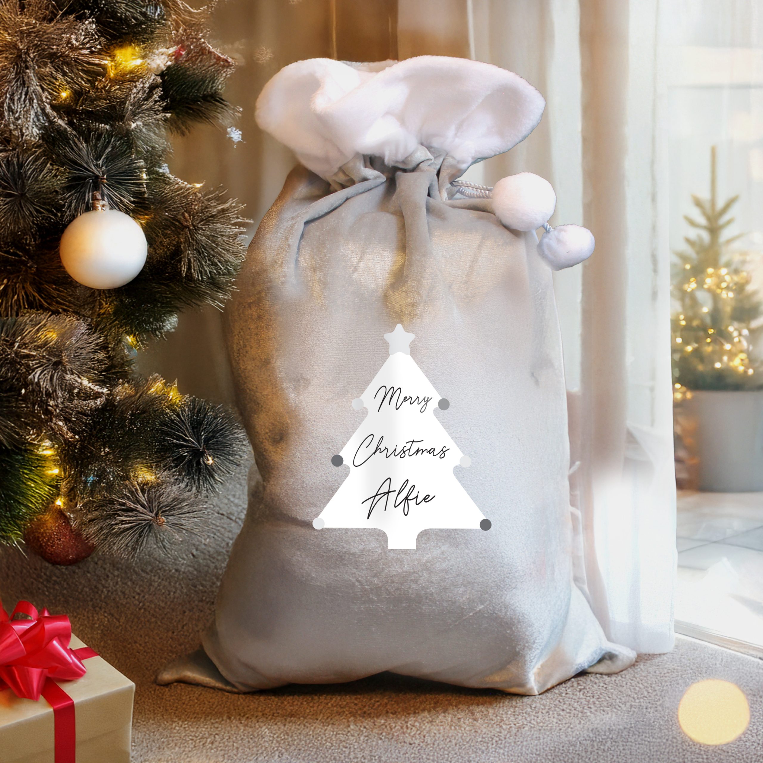 Personalised Christmas Tree Luxury Silver Grey Pom Pom Sack Personalised Christmas Tree Luxury Silver Grey Pom Pom Sack