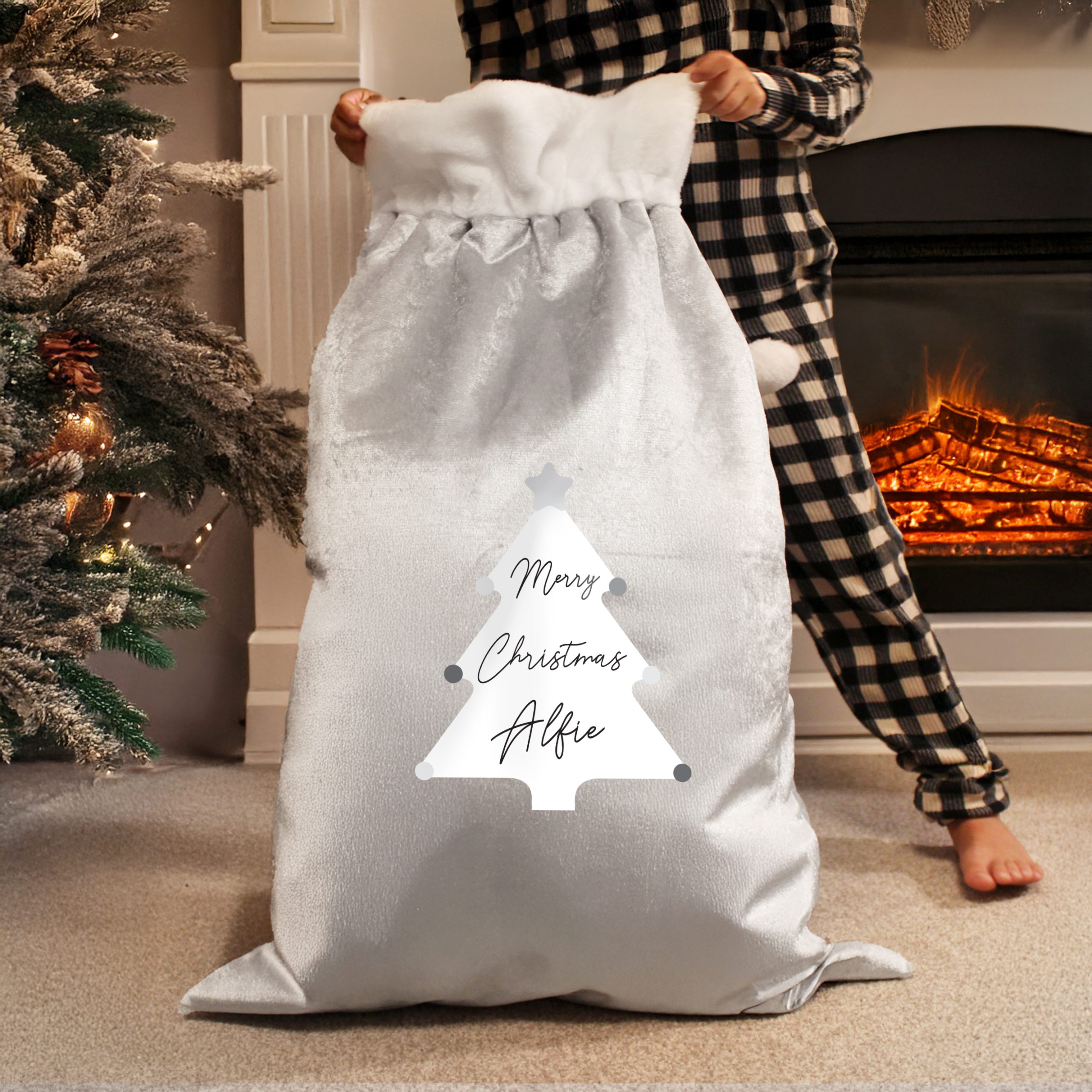 Personalised Christmas Tree Luxury Silver Grey Pom Pom Sack Personalised Christmas Tree Luxury Silver Grey Pom Pom Sack