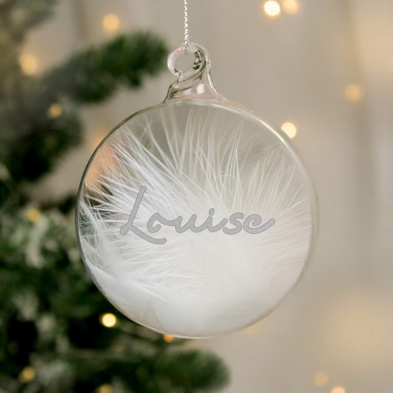 Personalised Silver Glitter Feather Glass Bauble