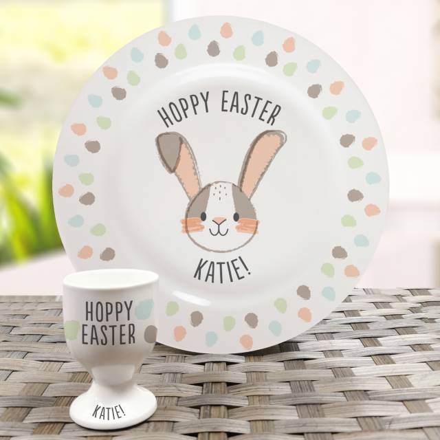 Personalised 'Hoppy Easter' Bone China Plate & Egg Cup