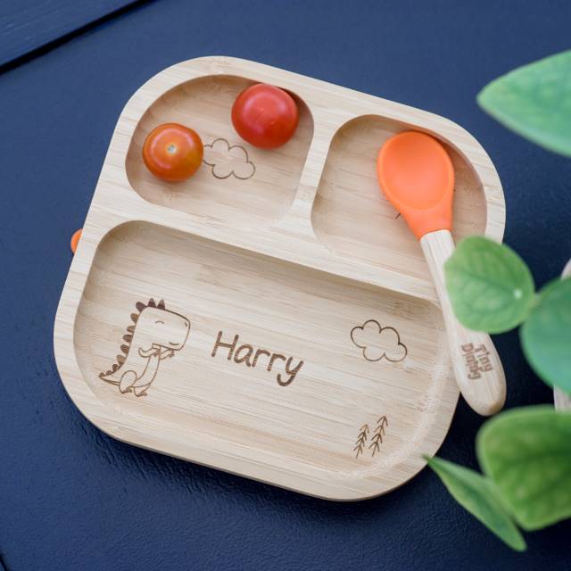 Personalised Dinosaur Babies Bamboo Suction Plate & Spoon