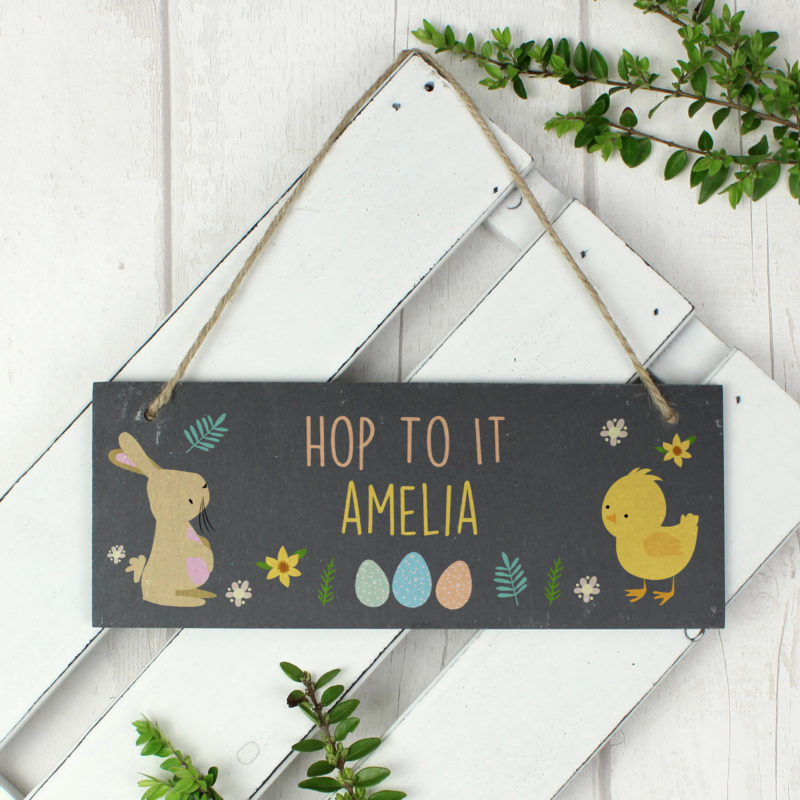 Personalised Easter Bunny & Chick Slate Door Sign