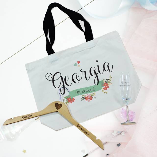 Personalised Floral Bridal Party Bag, Flute And Hanger Set