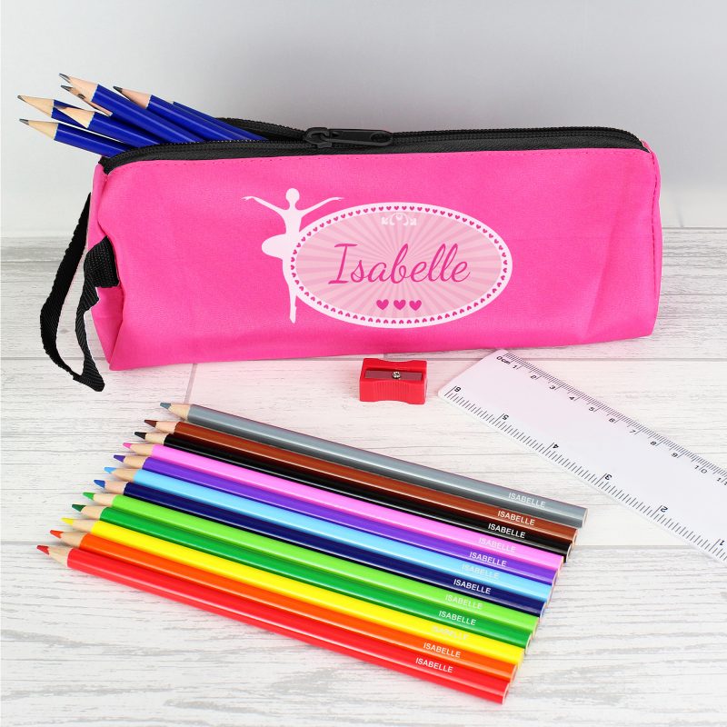 Personalised Pink Ballerina Pencil Case with Colouring Pencils