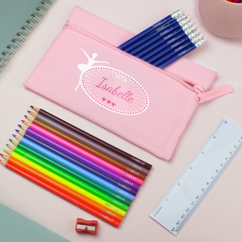 Personalised Pink Ballerina Pencil Case with Colouring Pencils