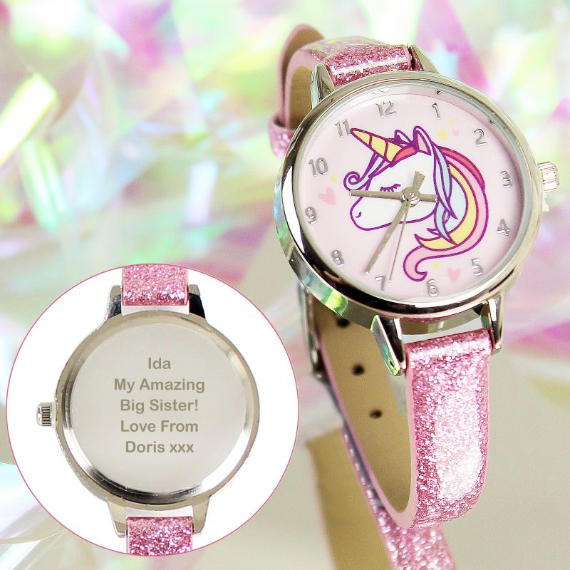 Personalised Girls Pink Glitter Unicorn Watch