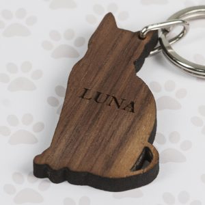 Personalised Walnut Wood Cat Shaped Keyring