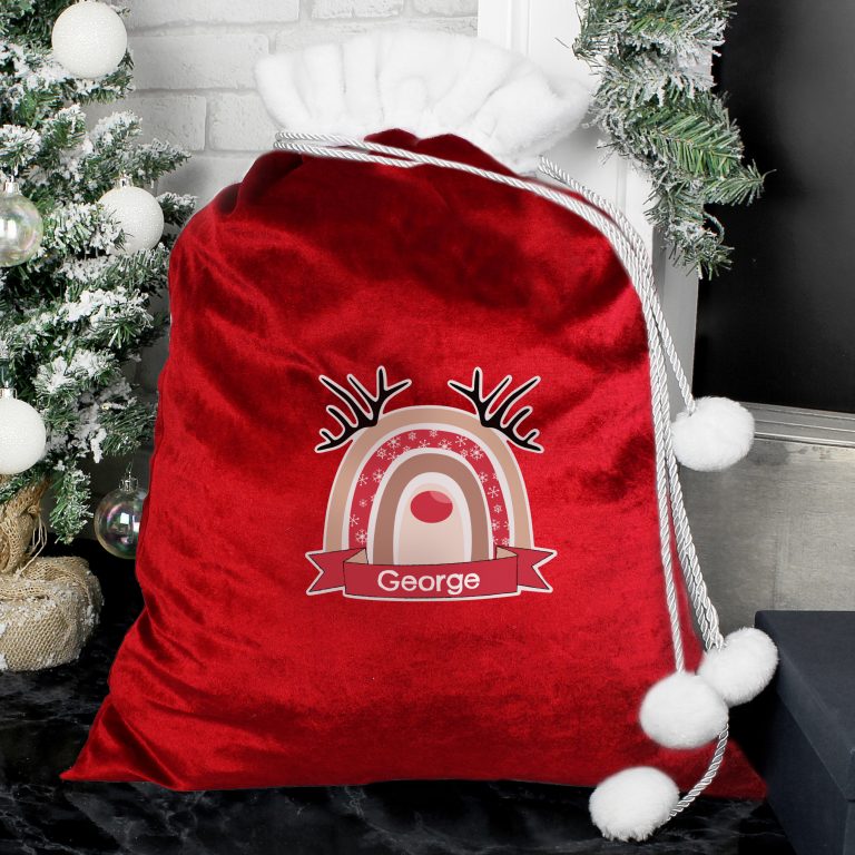Personalised Rainbow Reindeer Red Christmas Sack