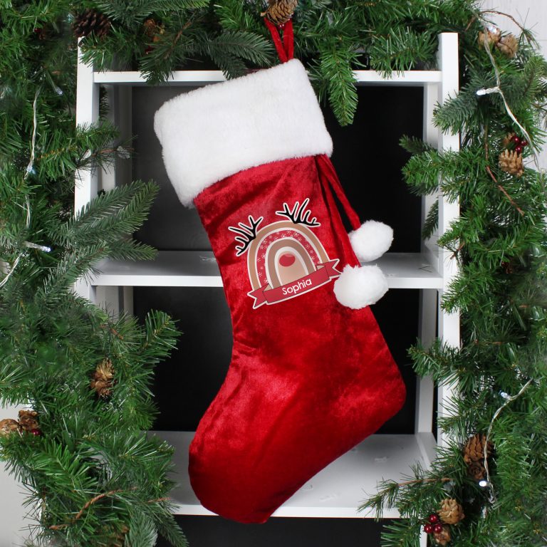 Personalised Rainbow Reindeer Red Christmas Stocking