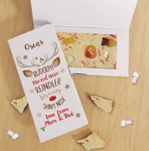 Personalised Rudolph The Red Nose Reindeer White Chocolate Card