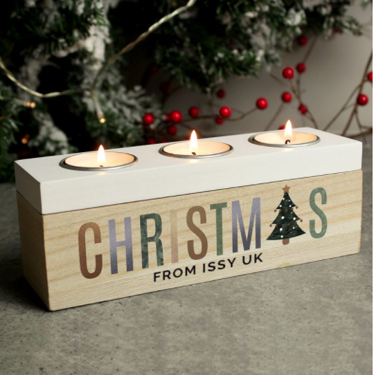 Personalised Christmas Tree Triple Tea Light Box