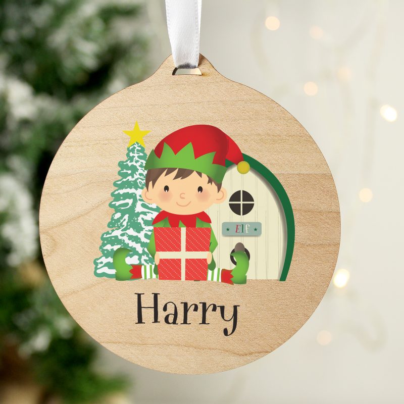 Personalised Elf Round Wooden Tree Decoration