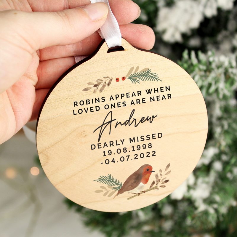 Personalised Robin Memorial Round Wooden Tree Decoration