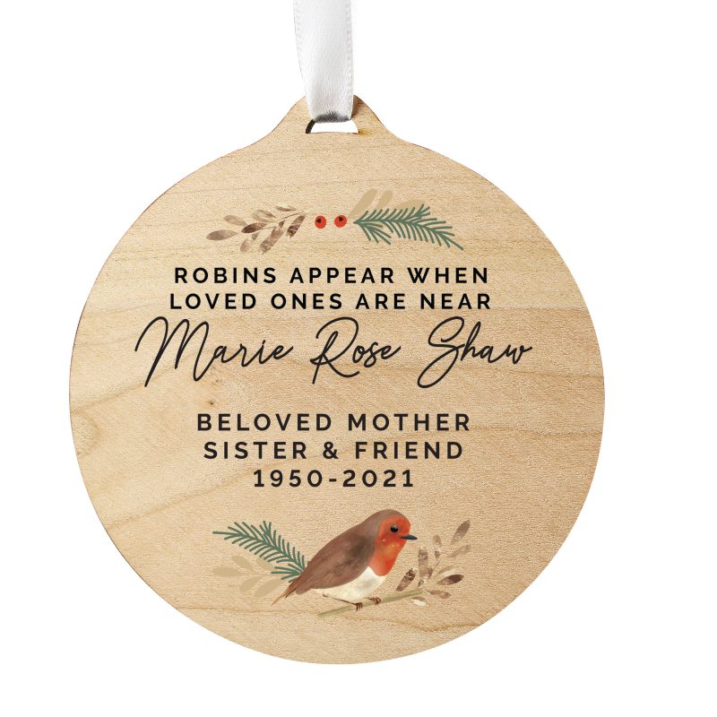 Personalised Robin Memorial Round Wooden Tree Decoration