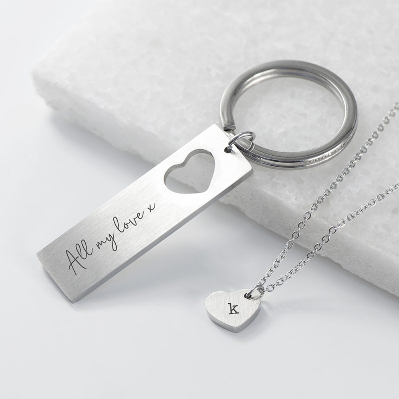Personalised 'Complete Me' Love Heart Necklace & Keyring Set