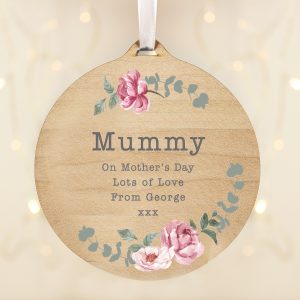 Personalised Floral Round Wooden Hanging Decoration