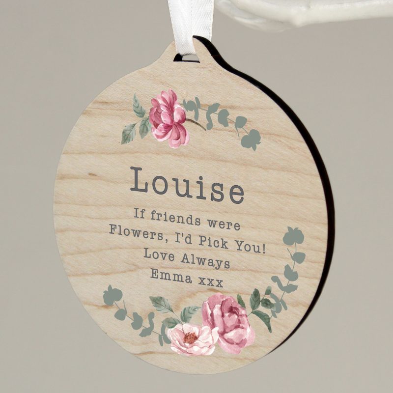 Personalised Floral Round Wooden Hanging Decoration