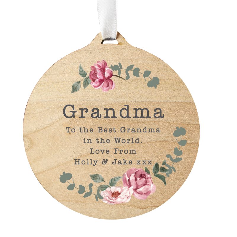 Personalised Floral Round Wooden Hanging Decoration