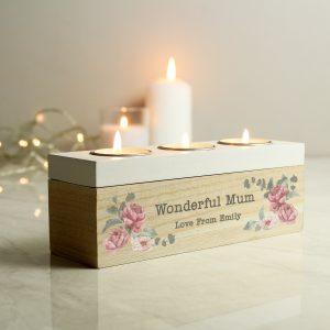 Personalised Rose Floral Triple Tealight Box