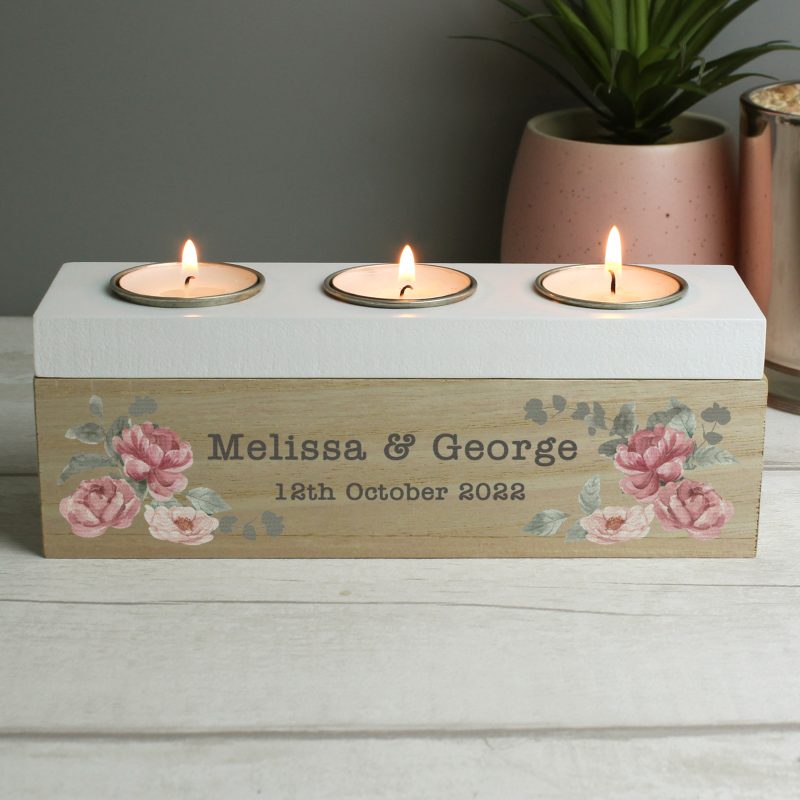 Personalised Rose Floral Triple Tealight Box
