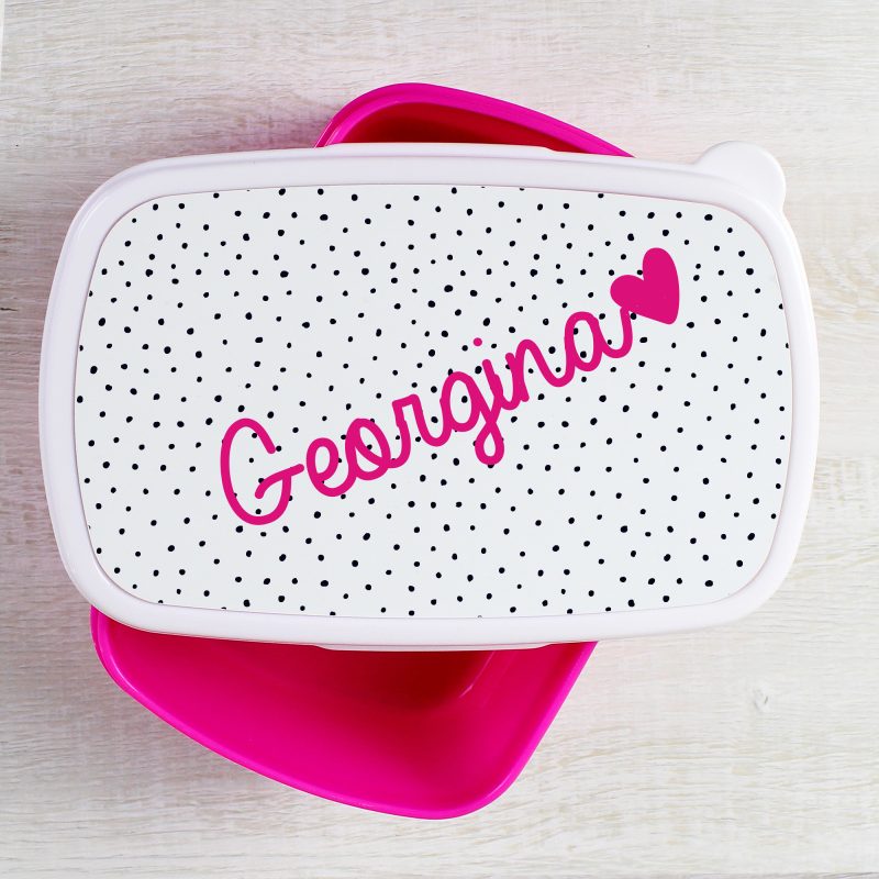 Personalised Heart and Spots Hot Pink Lunch Box