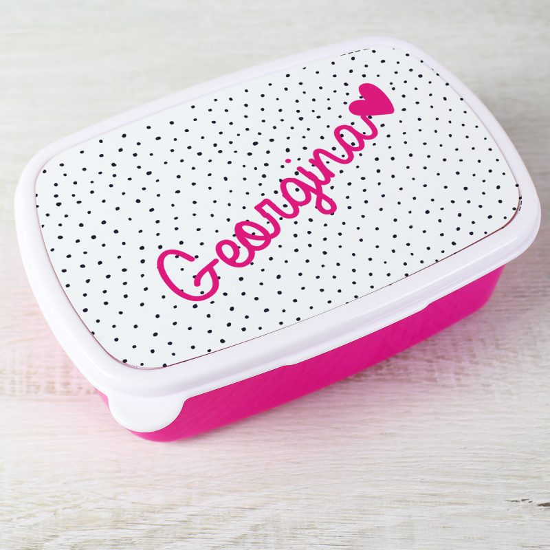 Personalised Heart and Spots Hot Pink Lunch Box