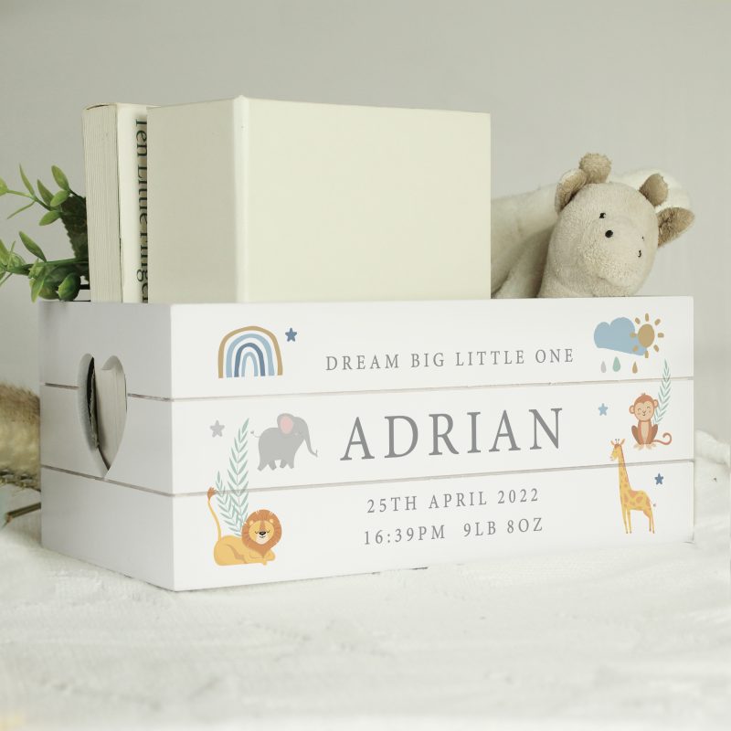 Personalised Jungle Animal White Wooden Gift Crate