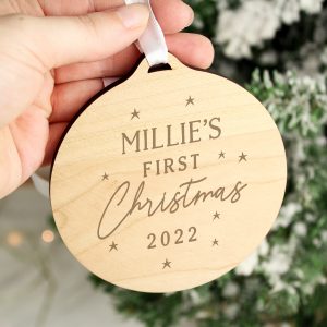 Personalised Baby's 1st Christmas Round Wooden Decoration