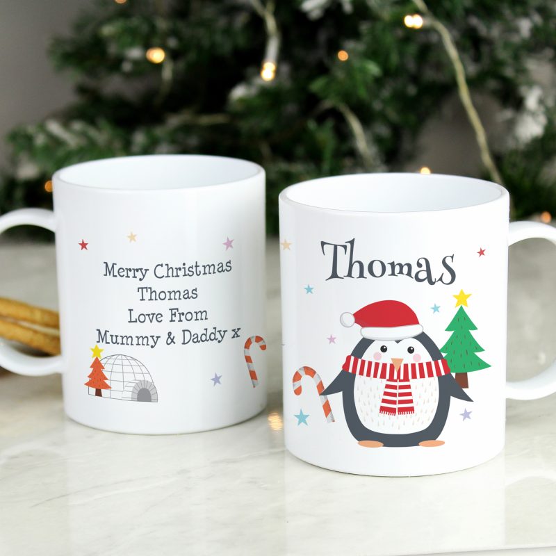 Personalised Christmas Penguin Plastic Mug