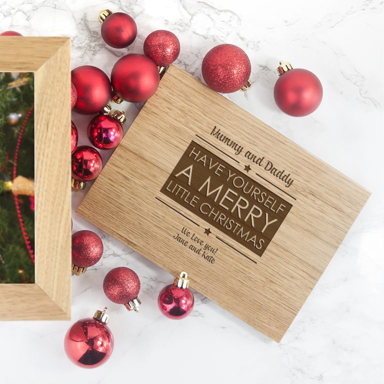 Personalised Merry Christmas Oak Photo Cube Keepsake Box