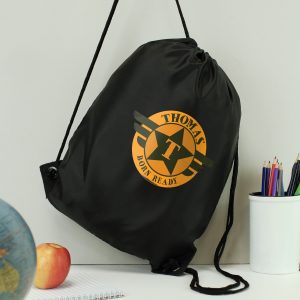 Personalised Badge Black Drawstring Kit Bag