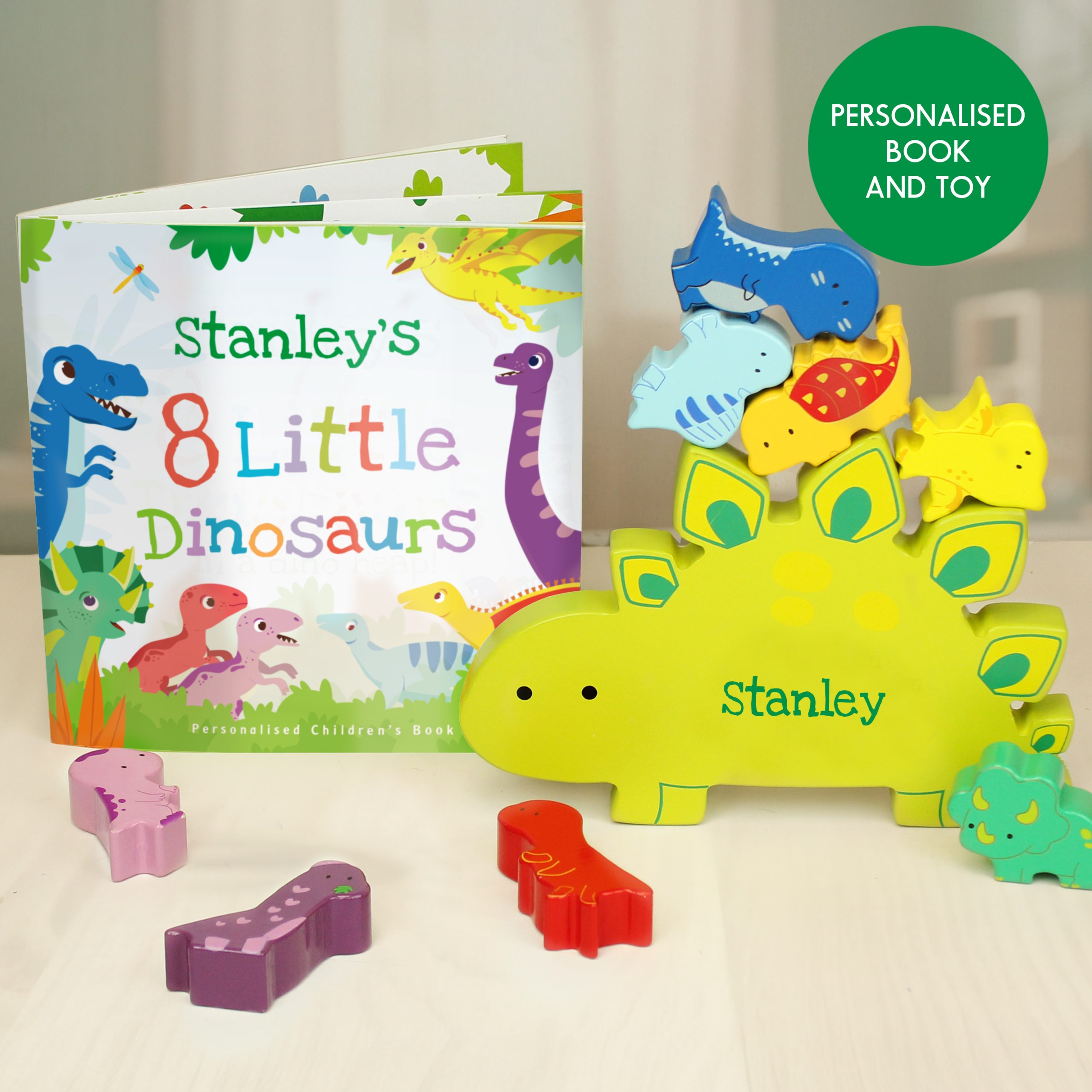 Personalised Wooden Dinosaur Stacker Toy and Book