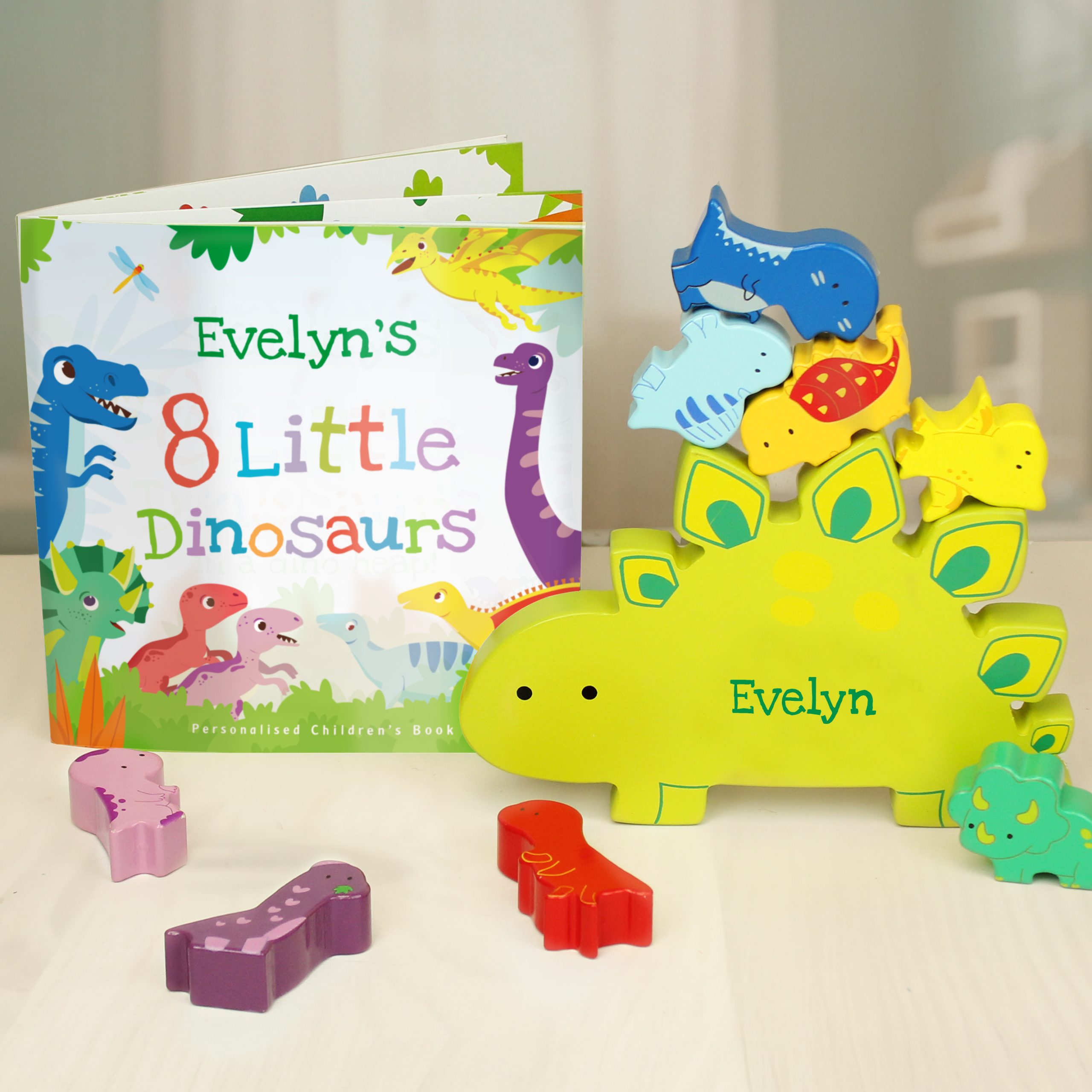 Personalised Wooden Dinosaur Stacker Toy and Book