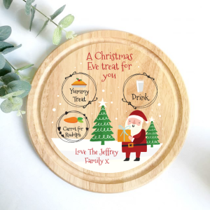Personalised Christmas Eve Santa and Trees Round Wooden Board