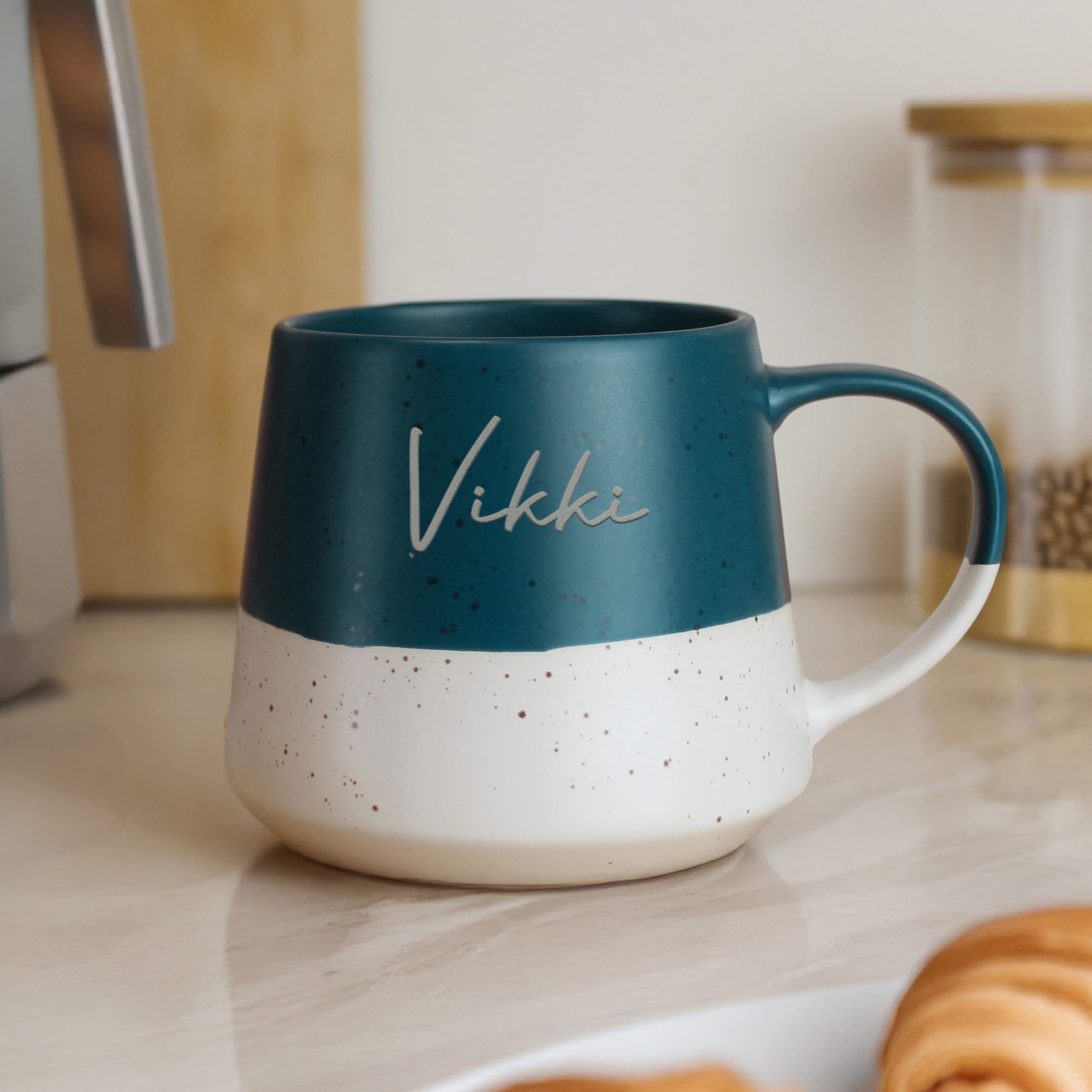 Personalised Name Teal and White Speckled Ceramic Mug Personalised Name Teal and White Speckled Ceramic Mug