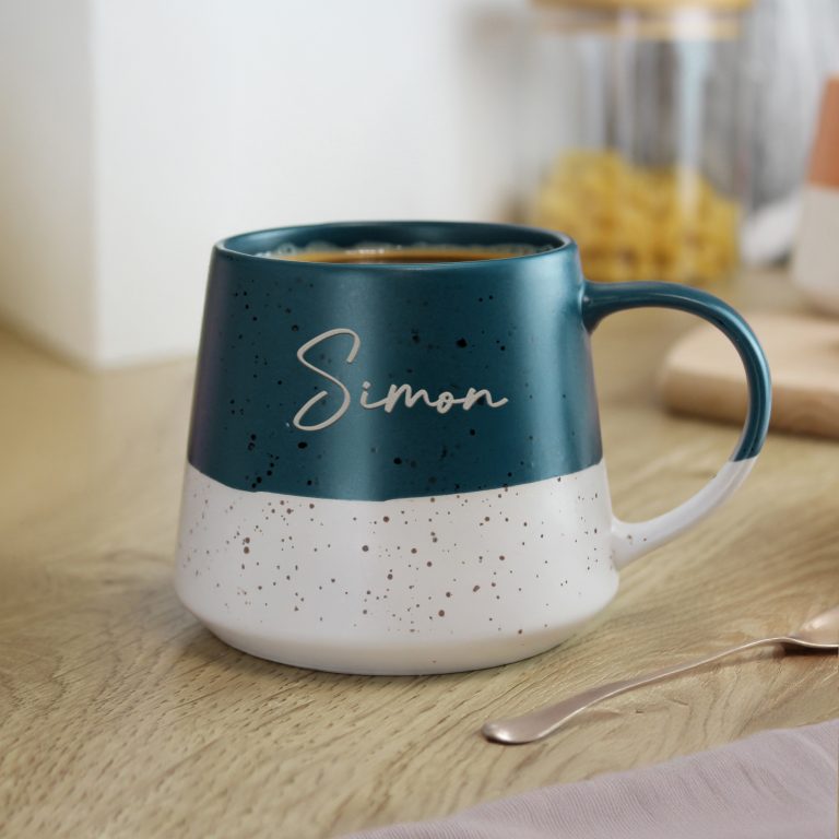 Personalised Name Teal and White Speckled Ceramic Mug