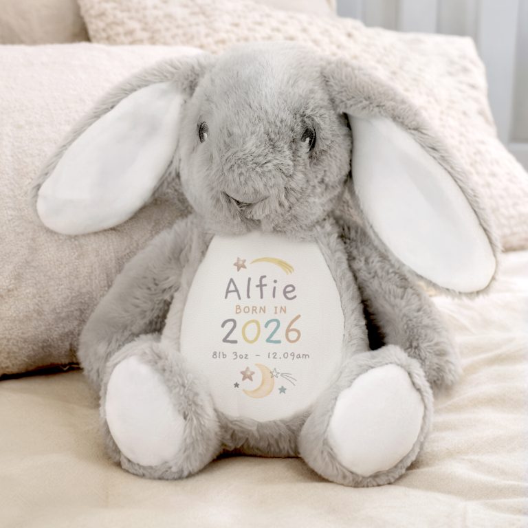 Personalised Born In Grey Bunny Rabbit Cuddly Toy