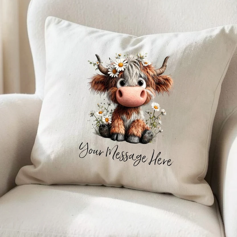 Personalised Daisy Highland Cow Cushion Personalised Daisy Highland Cow Cushion