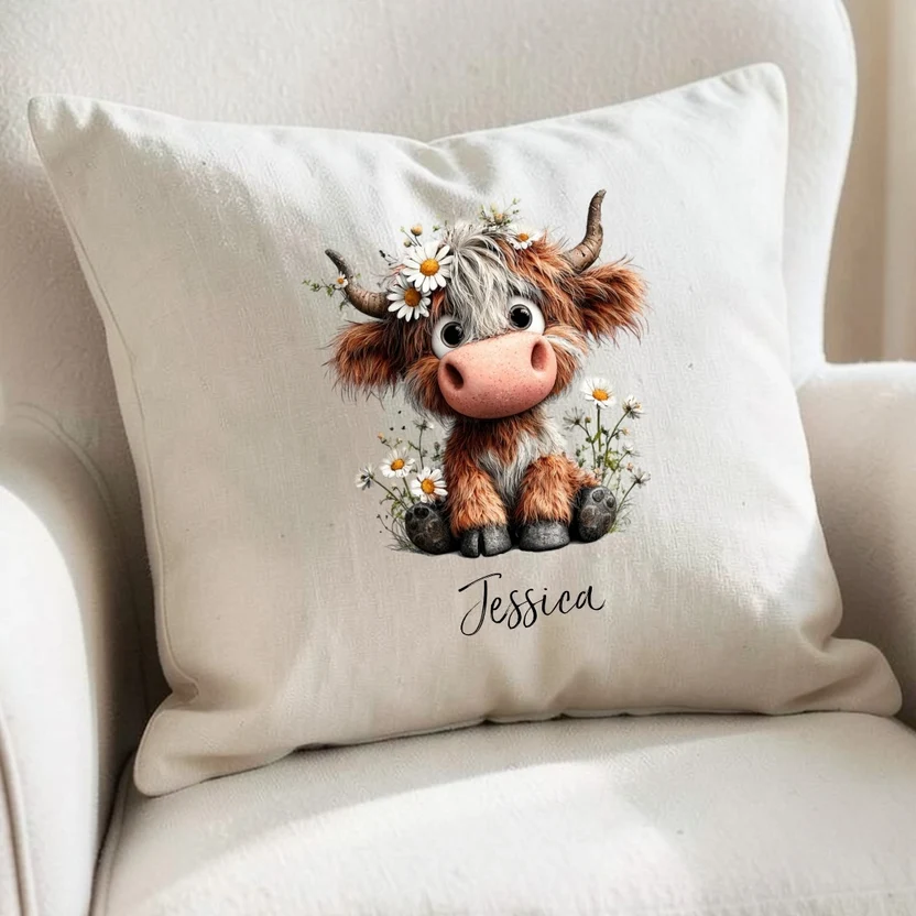Personalised Daisy Highland Cow Cushion Personalised Daisy Highland Cow Cushion