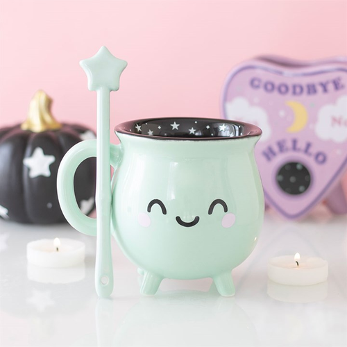 Cute Smiling Cauldron Mug with Wand Stirrer